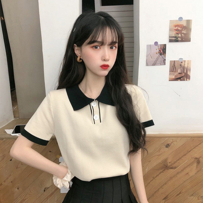 HARAJUKU STYLE KNITTED SHORT SLEEVE T-SHIRT WOMENS CUFFLINKS 2024 SUMMER POLO COLLAR VERSATILE SLIM SLIM CROP TOP