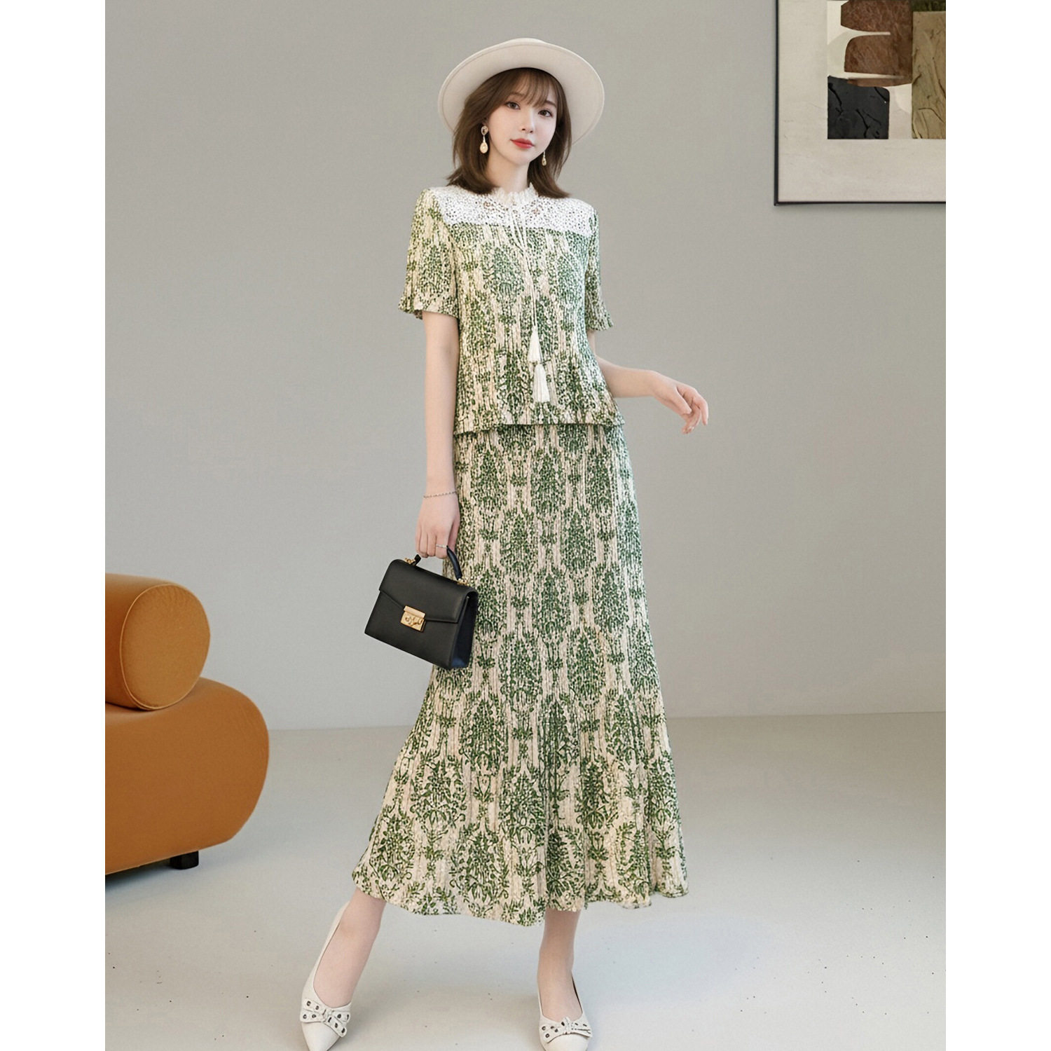 法式温柔风蕾丝上衣印花半身裙套装女气质时尚初春穿搭