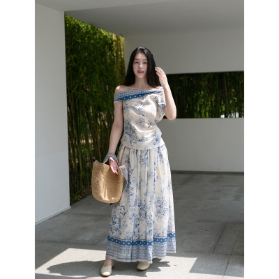 Floating青花瓷韵 天丝亚麻斜肩上衣/a字半身裙清冷感轻中式套装