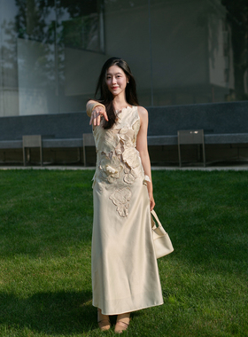 Floating重工刺绣定位花 轻中式气质优雅背心裙女长款无袖连衣裙