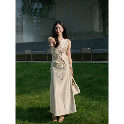 Floating重工刺绣定位花 轻中式气质优雅背心裙女长款无袖连衣裙