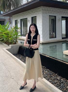 Floating私服 重工轻奢小香风马甲拼接撞色长裙女无袖背心连衣裙