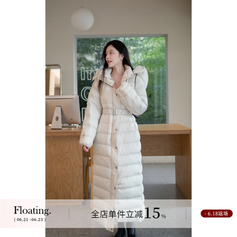 Floating超长款95白鸭绒大被子狐狸毛领连帽羽绒服女冬季厚款外套