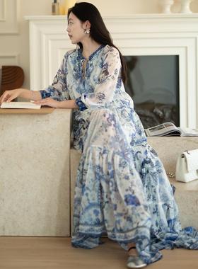 Floating重工定位裁 青花瓷长袖连衣裙女轻国风高级感复古长裙