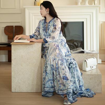 Floating重工定位裁 青花瓷长袖连衣裙女轻国风高级感复古长裙