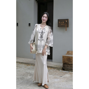 气质清冷感中式 衬衫 上衣 定位花设计亚麻天丝系带七分袖 Floating