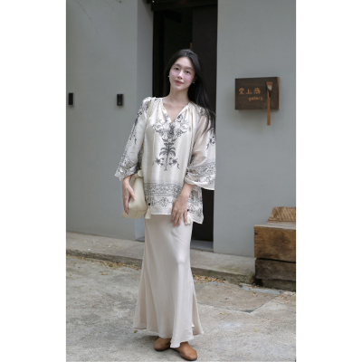Floating 定位花设计亚麻天丝系带七分袖衬衫气质清冷感中式上衣