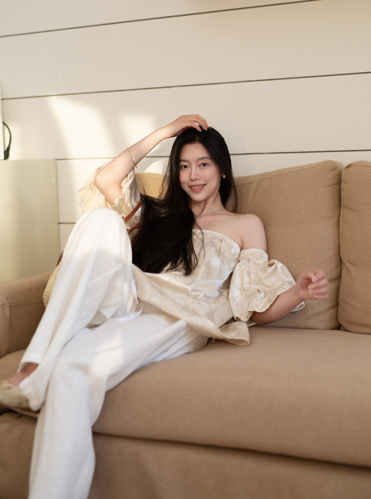 Floating 人丝亚麻提花 清冷感气质百搭一字领抹胸设计感衬衫上衣