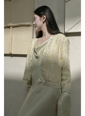 Floating 重工钉珠织带 绿色亮片短款小香风外套女名媛气质上衣