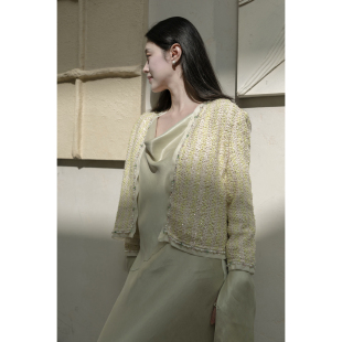 小香风外套女名媛气质上衣 绿色亮片短款 Floating 重工钉珠织带