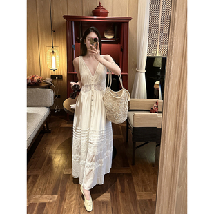 Floating chao柔纯天丝私服 vintage重工小白裙女V领无袖连衣裙