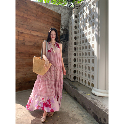 Floating 紫气东来/浪漫花卉 重工定位花4米大摆连衣裙无袖长裙