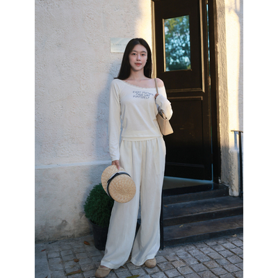 Floating 手写体刺绣斜肩拼接蕾丝长袖T恤衫高级感气质百搭上衣