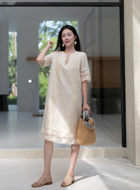 Floating温柔嬉皮 棉麻拼接短袖衬衫裙轻中式文艺优雅v领连衣裙