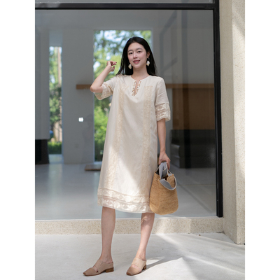 Floating温柔嬉皮 棉麻拼接短袖衬衫裙轻中式文艺优雅v领连衣裙