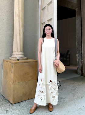 Floating 浮光织梦 重工定位镂空剪花刺绣亚麻长裙气质无袖连衣裙