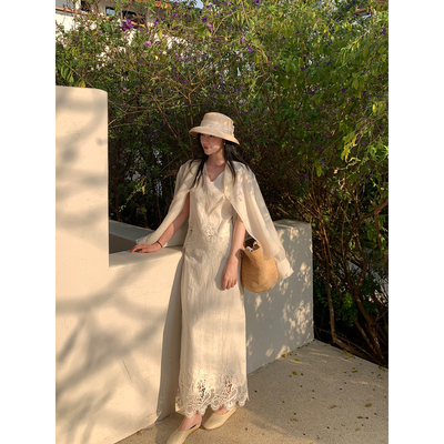 Floating亚麻重工蕾丝拼接背心/半身裙白色套装女法式气质两件套