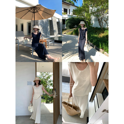 Floating 天丝无袖背心上衣+半身裙薄款针织套装女气质休闲两件套