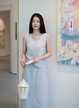 Floating 婴儿蓝/亚麻钉珠新中式无袖背心/半身裙清冷感气质套装