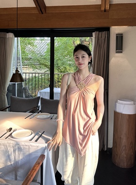 FLOATING 220g高密莫代尔 定染肤粉手工钉珠无袖背心希腊挂脖上衣