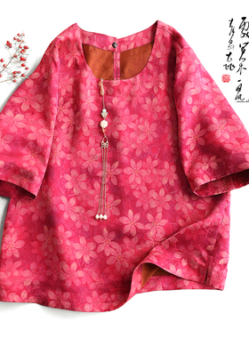 云澍原创 花罗香云纱新中式国风真丝桑蚕丝印花圆领上衣T恤女夏季
