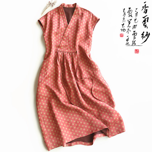 云澍桑蚕丝改良汉服波点连衣裙夏