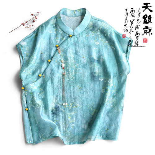 云澍天丝麻新中式盘扣上衣T恤夏
