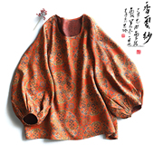 灯笼袖 云澍原创 花罗香云纱法式 宽松圆领T恤女夏真丝印花复古上衣