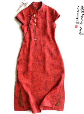 云澍原创花罗香云纱短袖立领喜妈妈改良旗袍裙夏季红色婚宴连衣裙