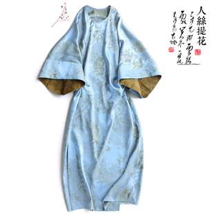 云澍原創(chuàng)人絲提花新中式 清冷國(guó)風(fēng)休閑圓領(lǐng)寬松盤扣收腰連衣長(zhǎng)裙夏