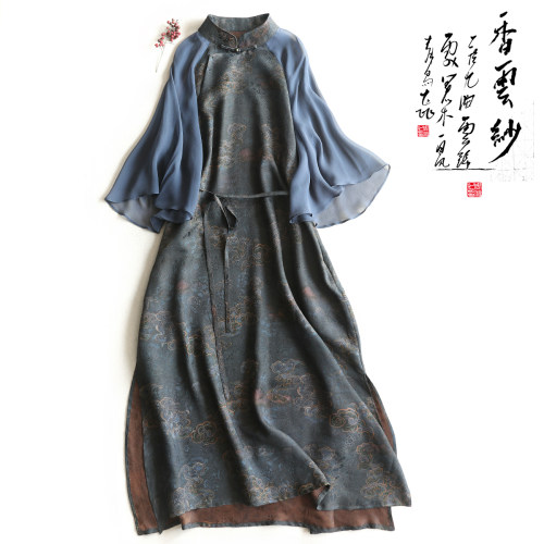 云澍香云纱桑蚕丝印花中式连衣裙