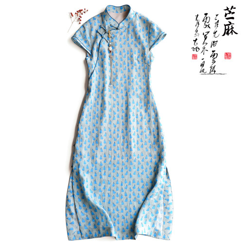 云澍100%苎麻新中式改良旗袍印花