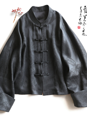 原创35姆小重缎提花香云纱新中式改良唐装外套女国风黑色真丝上衣
