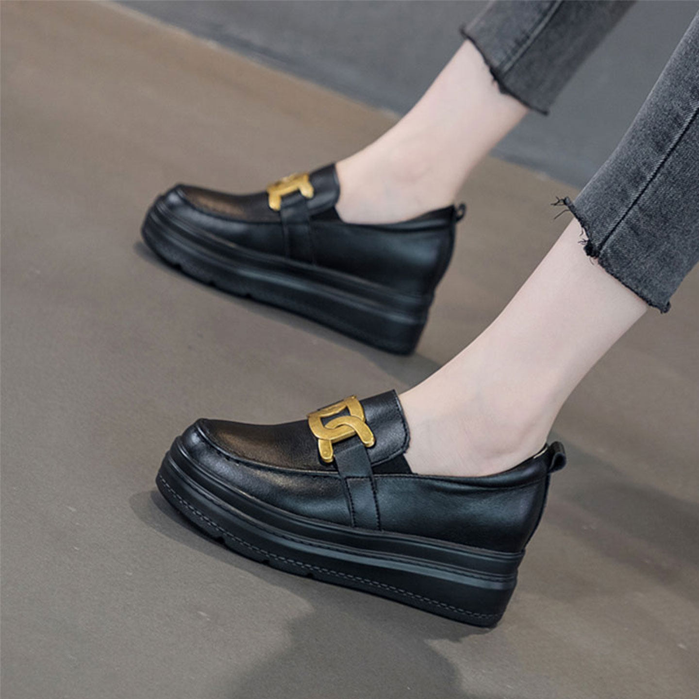 厚底内增高乐福鞋女皮鞋一脚蹬2025新款春季真皮休闲鞋子小码女鞋