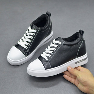 百搭坡跟显脚小厚底系带休闲增高女鞋 内增高小白鞋 女真皮春秋季