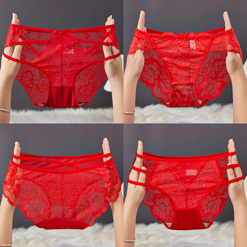 红色性感女低腰蕾丝新款三角裤头