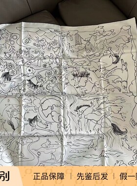 现货 Hermes爱马仕 23新款一千零一只兔子黑白素描真丝丝巾围巾90