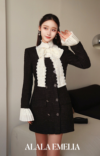 法式复古双排扣长袖直筒小个子黑色小香风连衣裙2025新款外套女