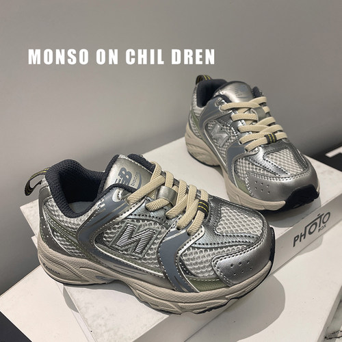 儿童N字运动鞋2025秋季新款网面透气老爹鞋紫男女童跑步鞋中大童