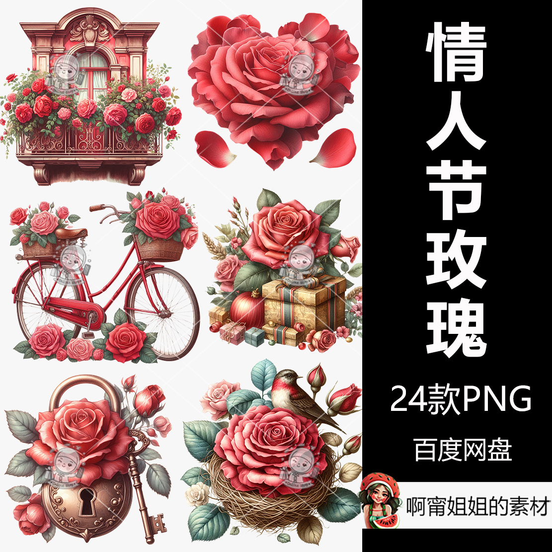红色情人节玫瑰升华装饰剪贴画手绘水彩插图PNG免抠设计素材高清