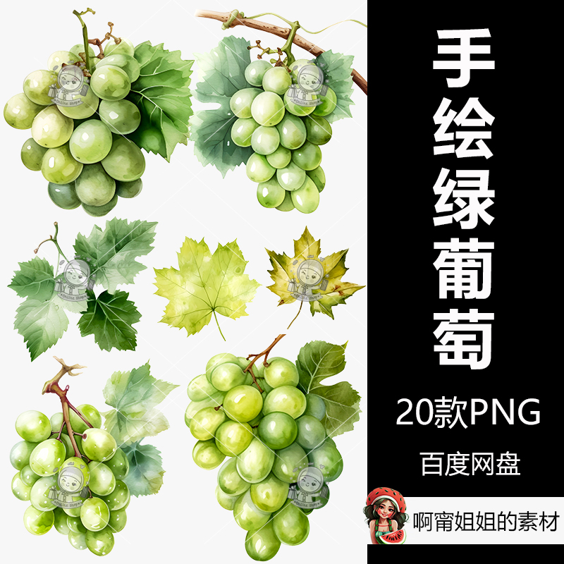 水彩绿葡萄剪贴画手绘水彩水果装饰插画png免抠设计素材高清新品