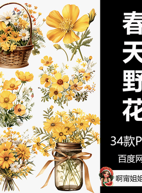 黄色春天野花剪贴画手绘水彩装饰花卉插画PNG免抠设计素材高清新