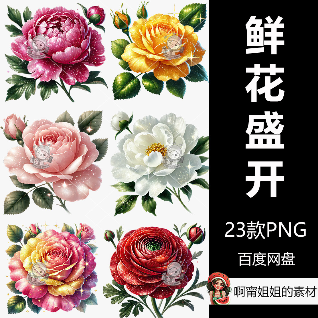 超高清闪光鲜花盛开剪贴画手绘水彩花卉插图PNG免抠设计素材新品