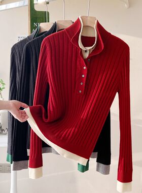 100%绵羊毛半高领坑条羊毛衫假两件撞色立领套头上衣针织衫毛衣潮