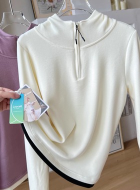 半拉链连帽卫衣内搭打底衫lu家山羊绒连帽假两件T恤帽衫女上衣冬