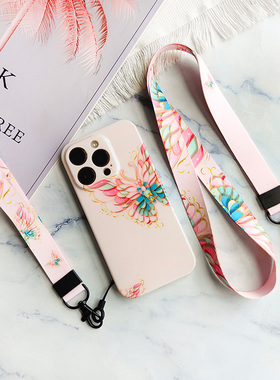 木兮原创蝴蝶粉色加厚不嘞脖适用苹果IMD光面手机壳女手腕挂脖绳