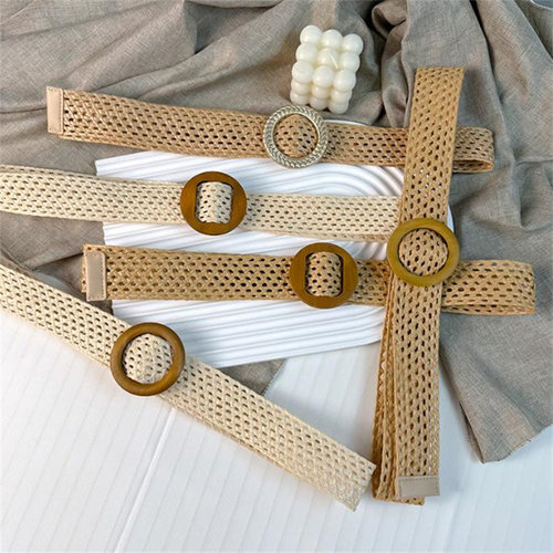 波西米亚仿草网状木扣免打孔腰带