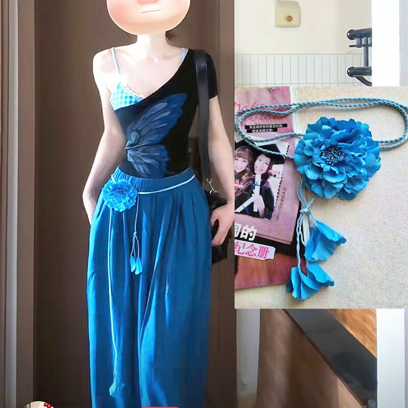 法式浪漫湖蓝花朵编织腰带女款
