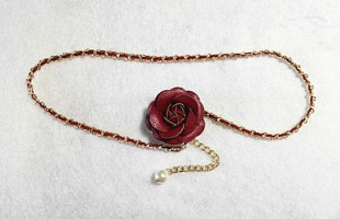 饰女士腰饰腰链酒红 优雅绒条穿金属链皮花朵装 2024春夏新款 韩版