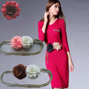 米兰时尚双色布料大花朵流苏打结甜美森系腰带夏季连衣裙女腰绳饰